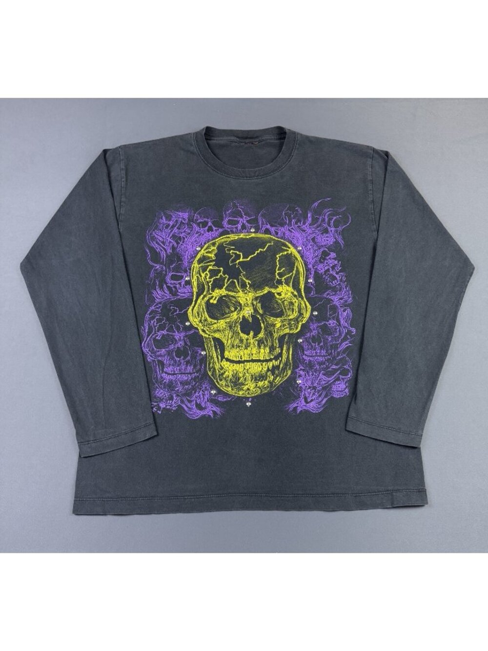 Rare Vintage Y2K Skull Art Tattoo Goth Punk Grunge Black Long Sleeve Fade Shirt
